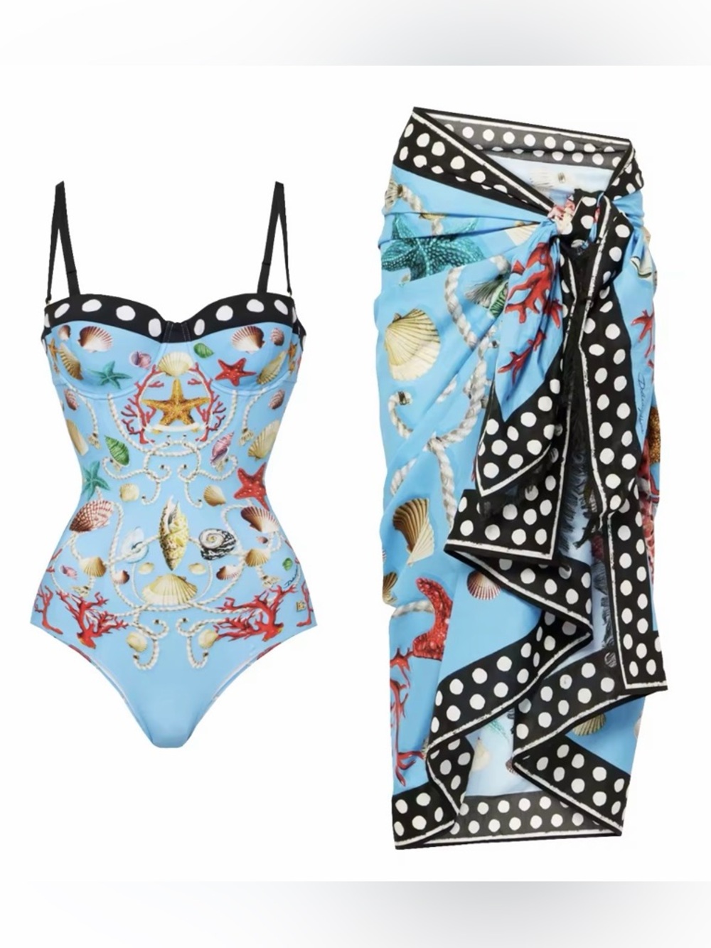 Light Blue Seashell Print One-Piece Swimsuit with Polka Dot Pareo